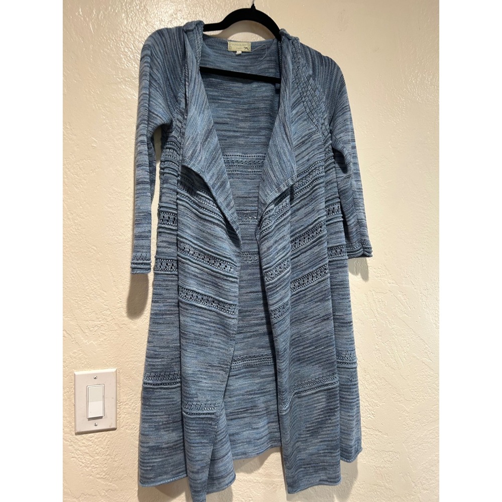 Sigrid Olsen Studio Blue Space Dye Pointelle Knit Open Front Cardigan Sweater XS